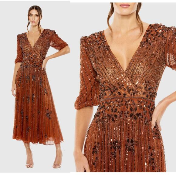 Mac Duggal 5995 Cinnamon Brown 4 V Neck Midi Formal Evening Short Sleeve Dress - Picture 1 of 14